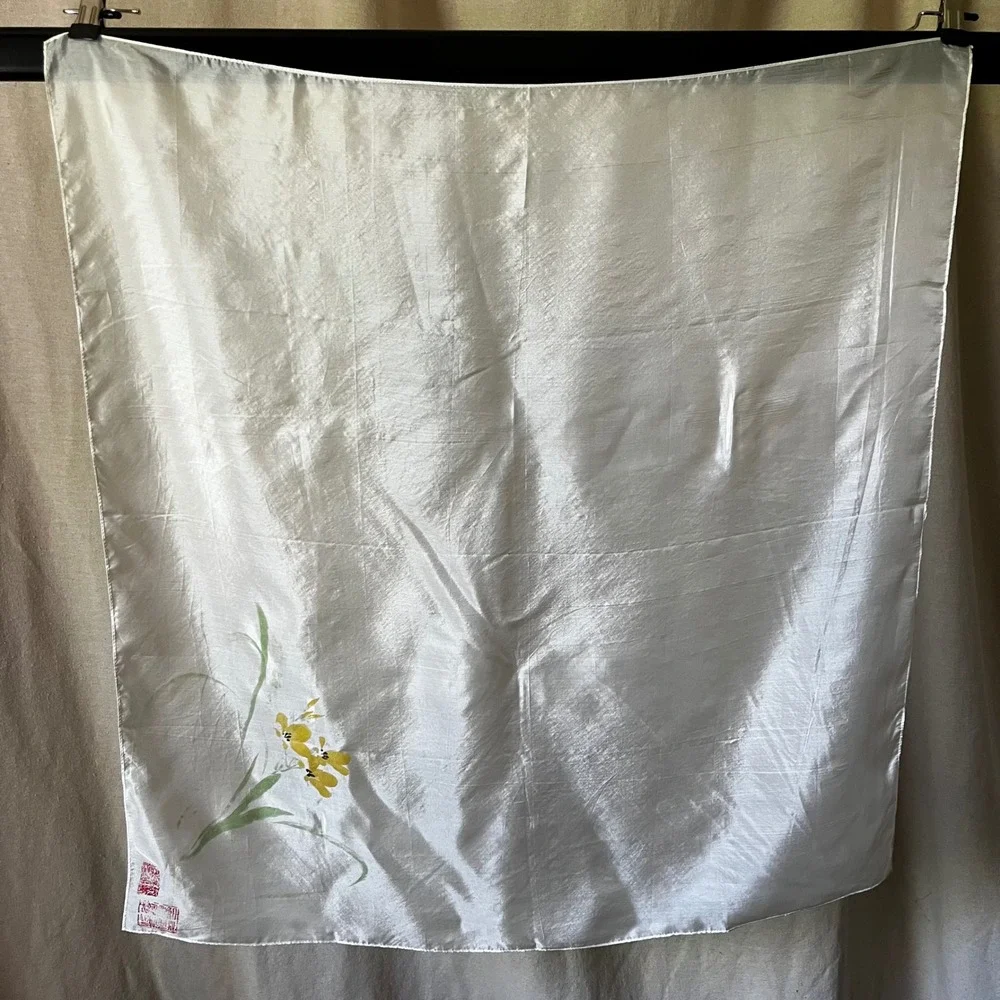 Vintage Hand Painted Silk Scarf White Floral Asian Art Signed 29x29